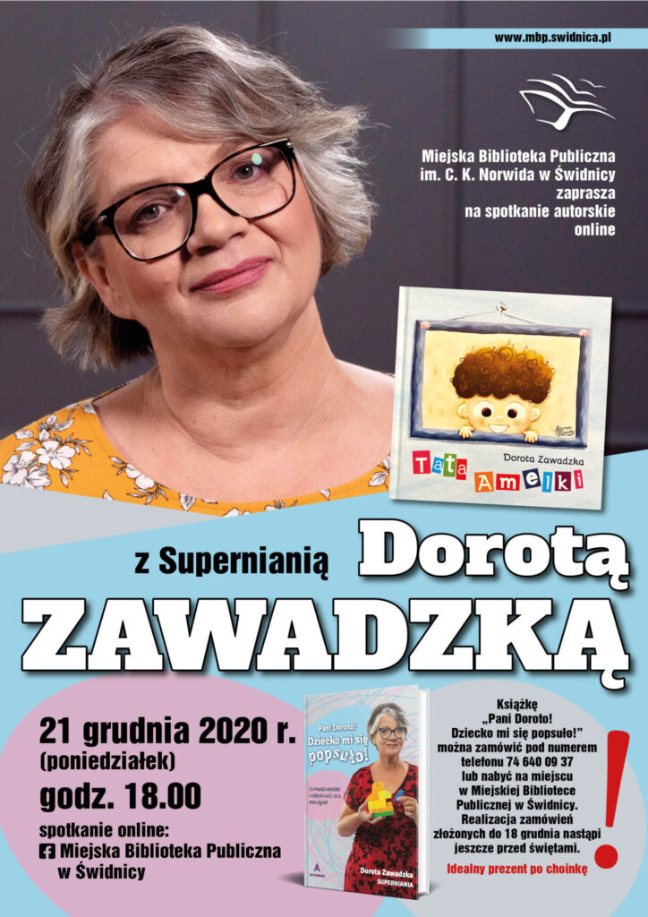 Plakat informujący o spotkaniu online z Supernianią - Dorotą Zawadzką, 21 grudnia 2020 r., godz. 18.00