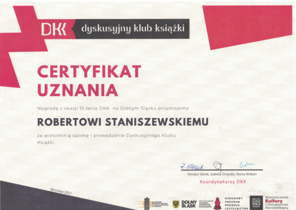 Certyfikat uznania dla Roberta Staniszewskiego w ramach dyskusyjnego klub ksiązki