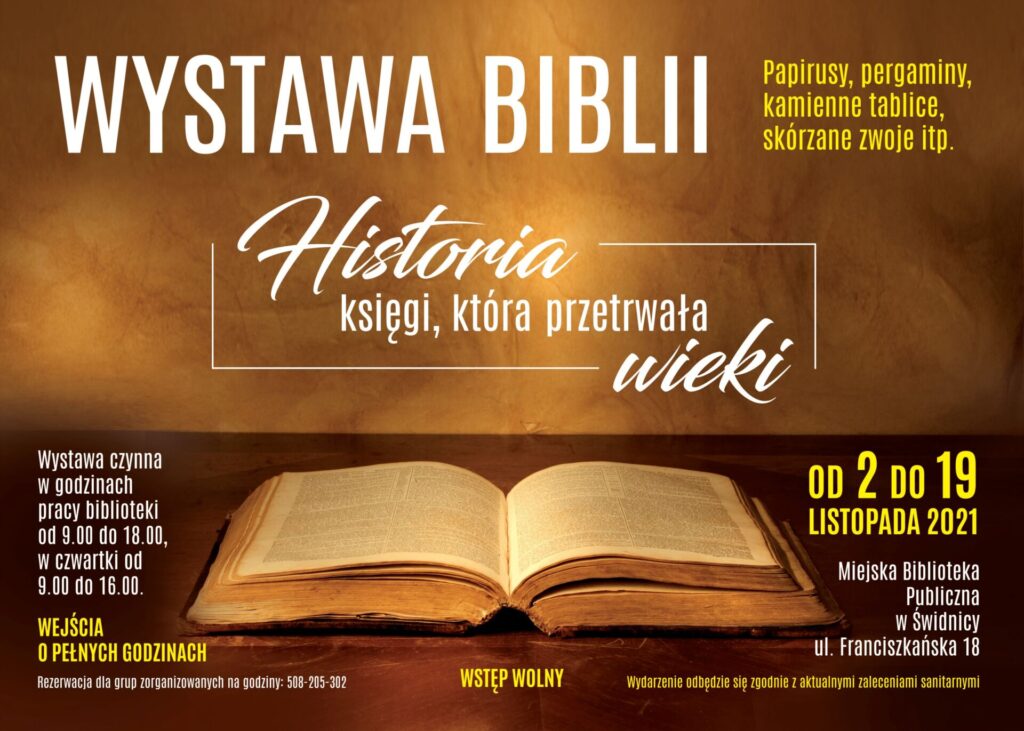 plakat - wystawa Biblii - kolorystyka brązowa, otwarta księga