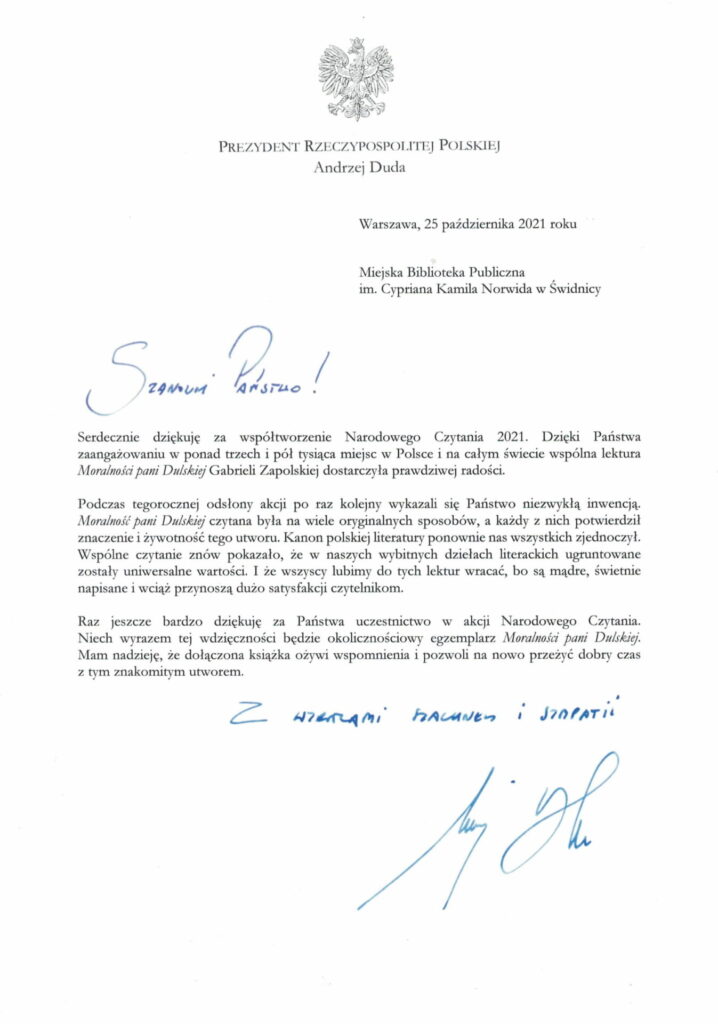 Podziękowanie od prezydenta Andrzeja Dudy za Narodowe Czytanie
