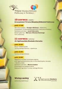 plakat z informacją na temat 75-lecia biblioteki oraz 15-lecia Ogólnopolskiej Biesiady Literackiej